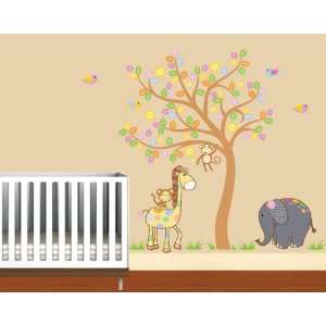 Childrens Removable Vinyl Wall Decal Tree with Elephant Giraffe Monkey 