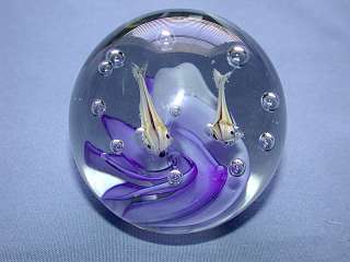 Two Birds & Blue Wave & Bubbles Art Glass Paperweight  